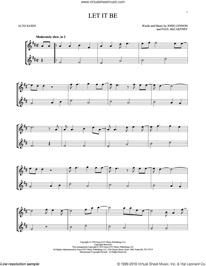 Let It Be sheet music for two alto saxophones (duets) by The Beatles, John Lennon and Paul McCartney, intermediate skill level