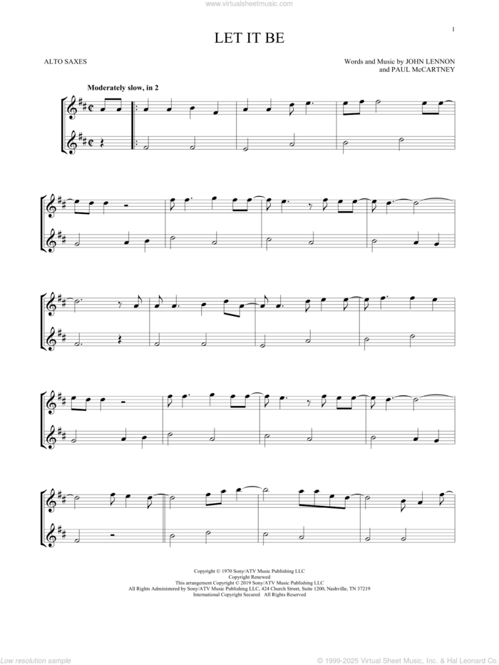 Let It Be sheet music for two alto saxophones (duets) by The Beatles, John Lennon and Paul McCartney, intermediate skill level