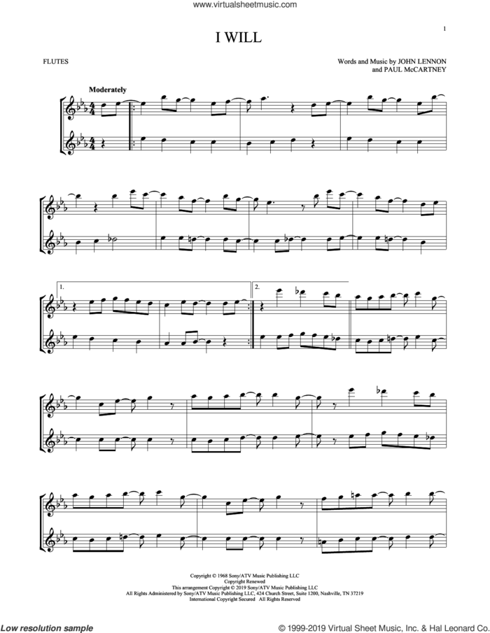 I Will sheet music for two flutes (duets) by The Beatles, John Lennon and Paul McCartney, intermediate skill level