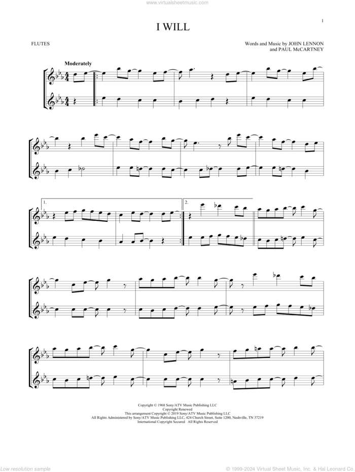 I Will sheet music for two flutes (duets) by The Beatles, John Lennon and Paul McCartney, wedding score, intermediate skill level