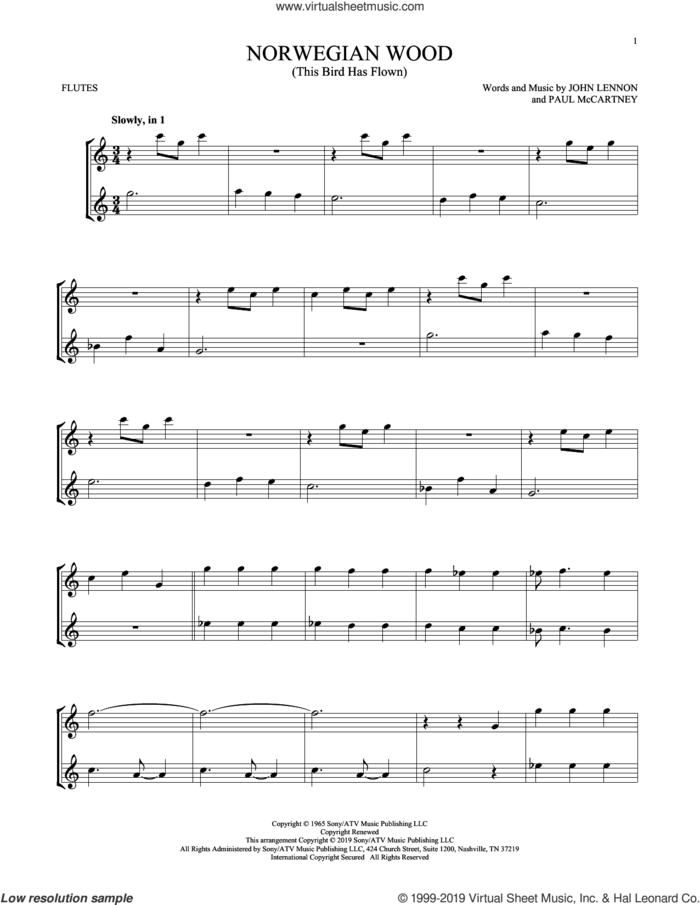 Norwegian Wood (This Bird Has Flown) sheet music for two flutes (duets) by The Beatles, John Lennon and Paul McCartney, intermediate skill level