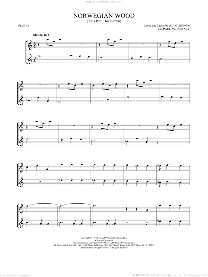 Norwegian Wood (This Bird Has Flown) sheet music for two flutes (duets) by The Beatles, John Lennon and Paul McCartney, intermediate skill level