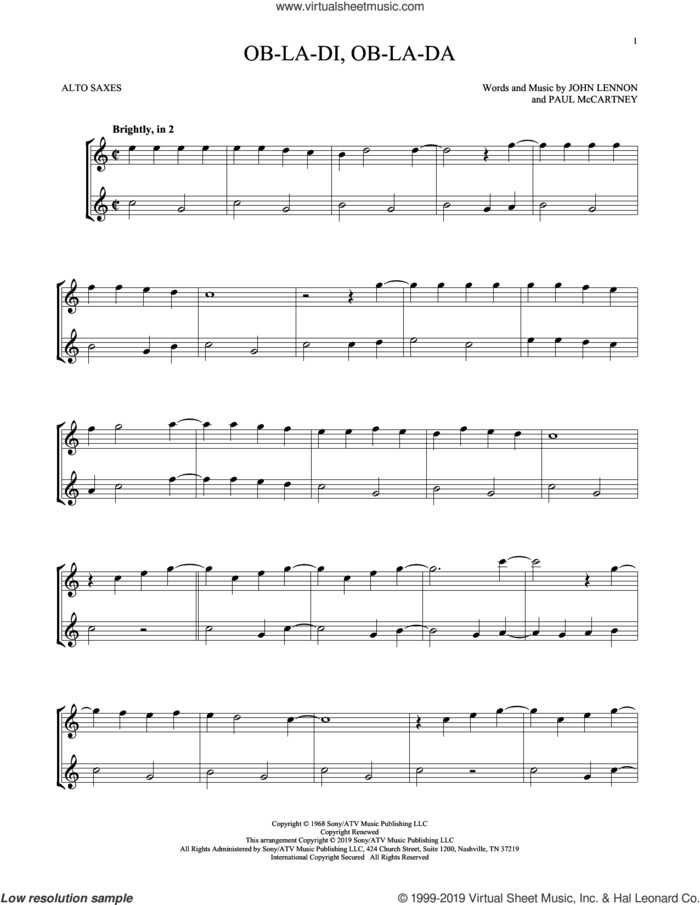 Ob-La-Di, Ob-La-Da sheet music for two alto saxophones (duets) by The Beatles, John Lennon and Paul McCartney, intermediate skill level