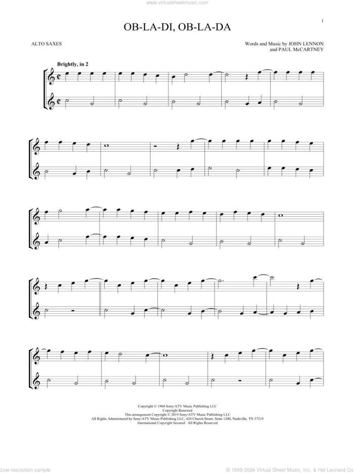 Ob-La-Di, Ob-La-Da sheet music for two alto saxophones (duets) by The Beatles, John Lennon and Paul McCartney, intermediate skill level