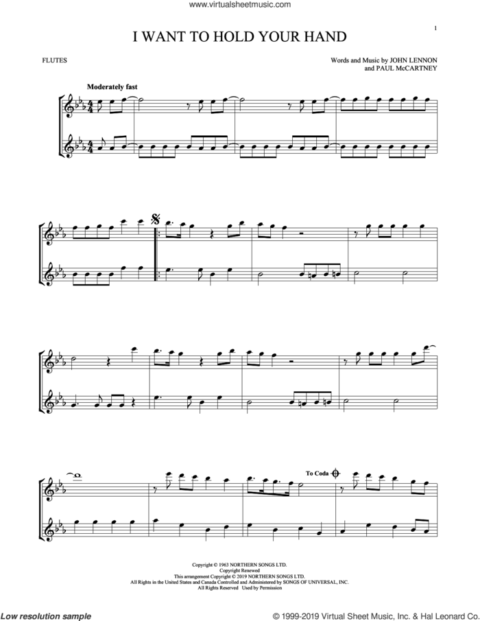 I Want To Hold Your Hand sheet music for two flutes (duets) by The Beatles, John Lennon and Paul McCartney, intermediate skill level