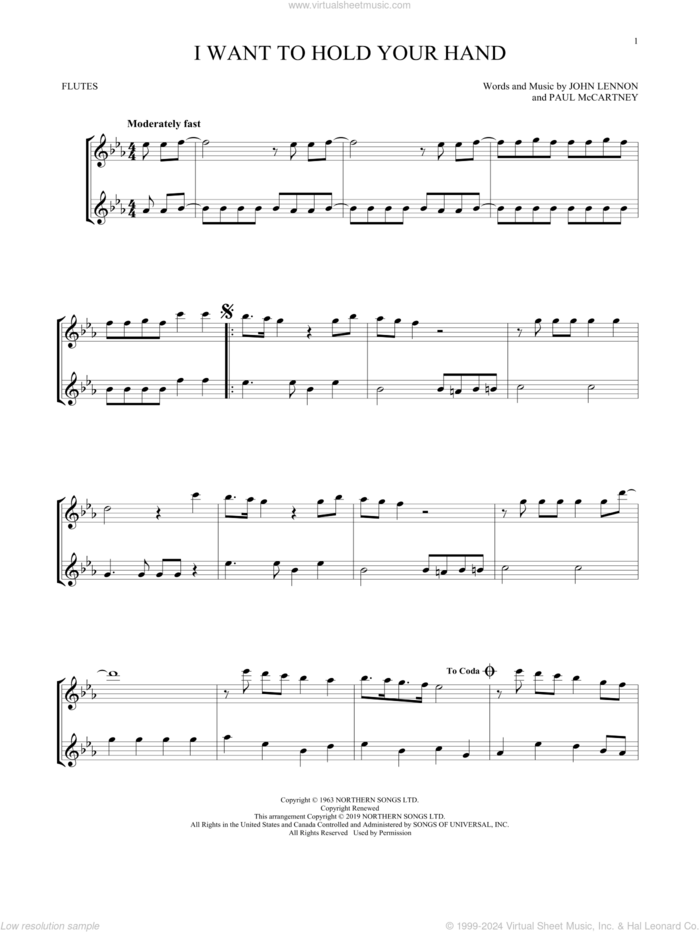 I Want To Hold Your Hand sheet music for two flutes (duets) by The Beatles, John Lennon and Paul McCartney, intermediate skill level