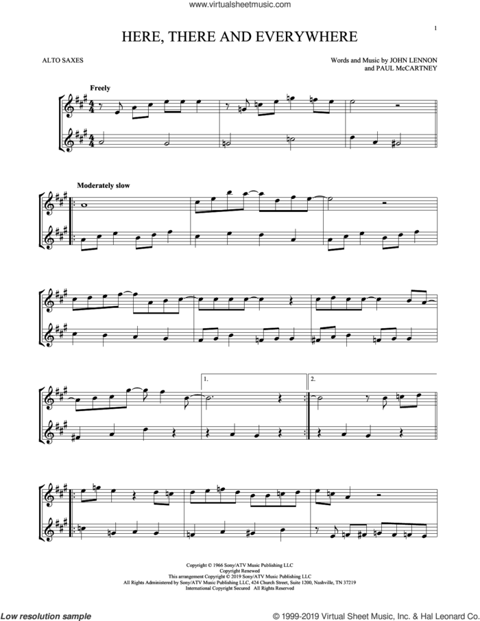 Here, There And Everywhere sheet music for two alto saxophones (duets) by The Beatles, John Lennon and Paul McCartney, wedding score, intermediate skill level