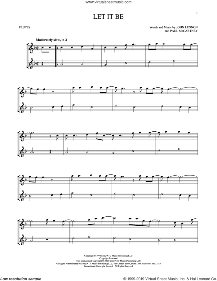 Let It Be sheet music for two flutes (duets) by The Beatles, John Lennon and Paul McCartney, intermediate skill level