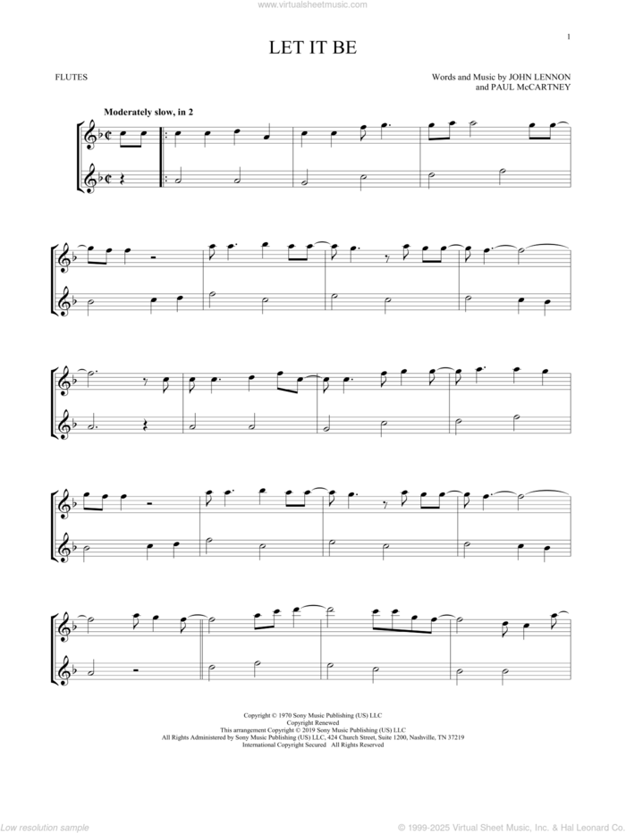 Let It Be sheet music for two flutes (duets) by The Beatles, John Lennon and Paul McCartney, intermediate skill level