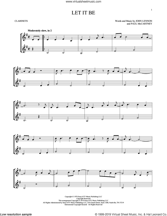 Let It Be sheet music for two clarinets (duets) by The Beatles, John Lennon and Paul McCartney, intermediate skill level