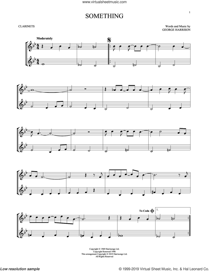 Something sheet music for two clarinets (duets) by The Beatles and George Harrison, intermediate skill level