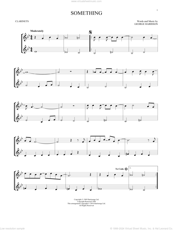 Something sheet music for two clarinets (duets) by The Beatles and George Harrison, intermediate skill level