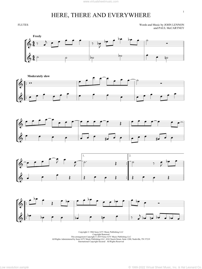 Here, There And Everywhere sheet music for two flutes (duets) by The Beatles, John Lennon and Paul McCartney, wedding score, intermediate skill level