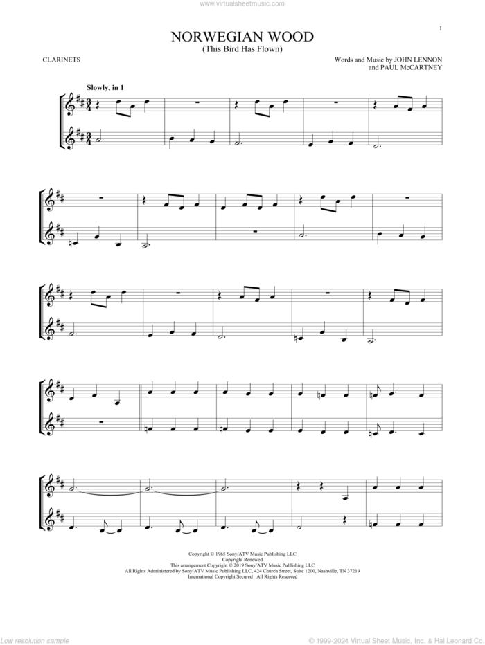 Norwegian Wood (This Bird Has Flown) sheet music for two clarinets (duets) by The Beatles, John Lennon and Paul McCartney, intermediate skill level