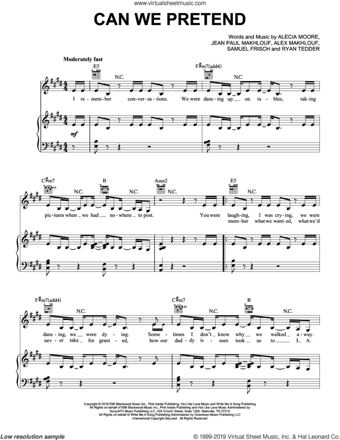 Can We Pretend (feat. Cash Cash) sheet music for voice, piano or guitar , P!nk, Alecia Moore, Alex Makhlouf, Jean Paul Makhlouf, Ryan Tedder and Samuel Frisch, intermediate skill level