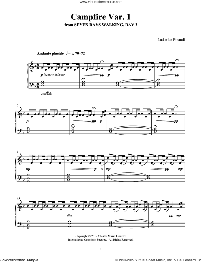 Campfire Var. 1 (from Seven Days Walking: Day 2) sheet music for piano solo by Ludovico Einaudi, classical score, intermediate skill level