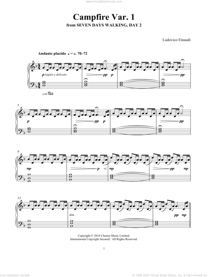 Campfire Var. 1 (from Seven Days Walking: Day 2) sheet music for piano solo by Ludovico Einaudi, classical score, intermediate skill level