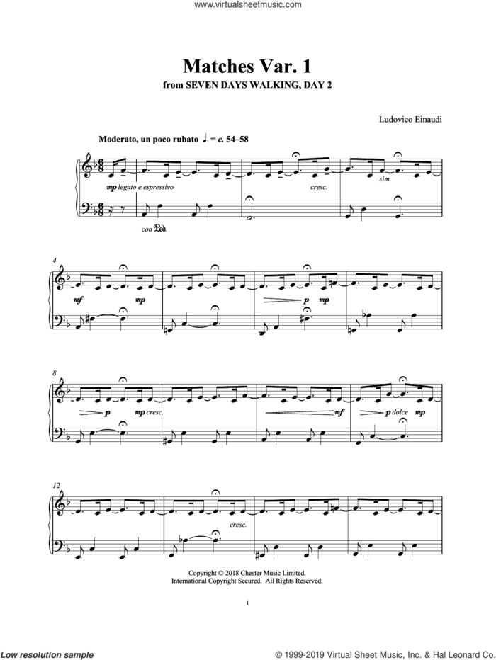 Matches Var. 1 (from Seven Days Walking: Day 2) sheet music for piano solo by Ludovico Einaudi, classical score, intermediate skill level