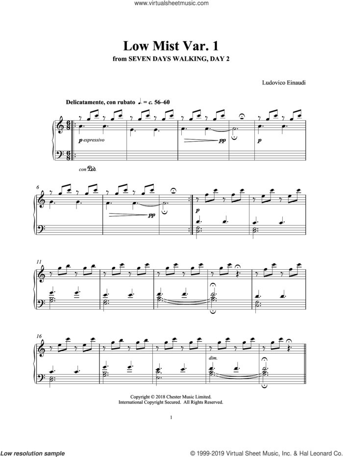 Low Mist Var. 1 (from Seven Days Walking: Day 2) sheet music for piano solo by Ludovico Einaudi, classical score, intermediate skill level