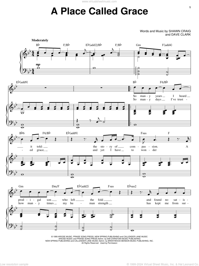 A Place Called Grace sheet music for voice and piano by Phillips, Craig & Dean, Dave Clark and Shawn Craig, intermediate skill level