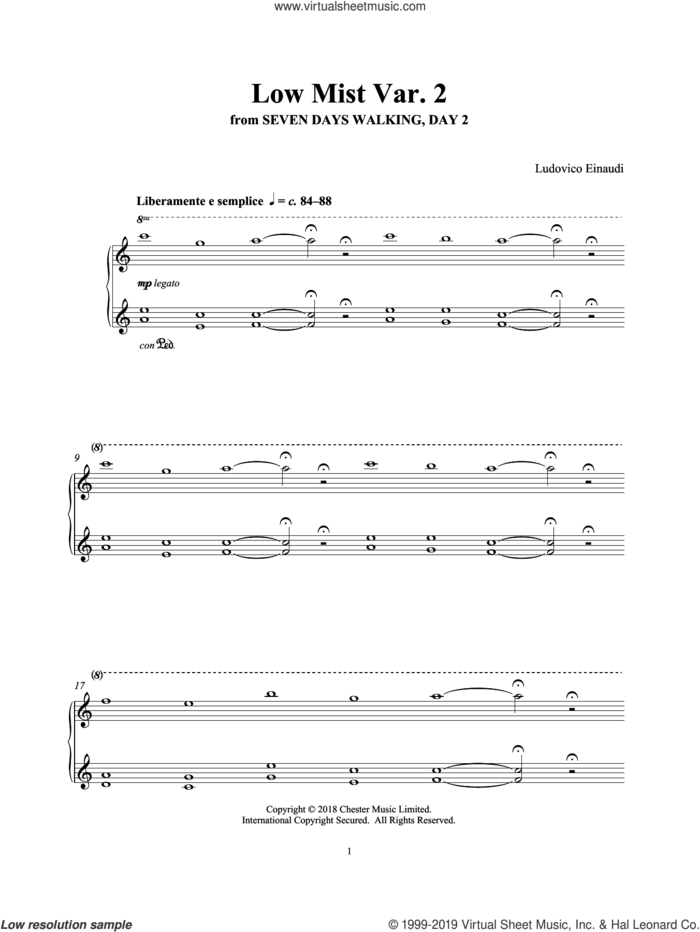 Low Mist Var. 2 (from Seven Days Walking: Day 2) sheet music for piano solo by Ludovico Einaudi, classical score, intermediate skill level