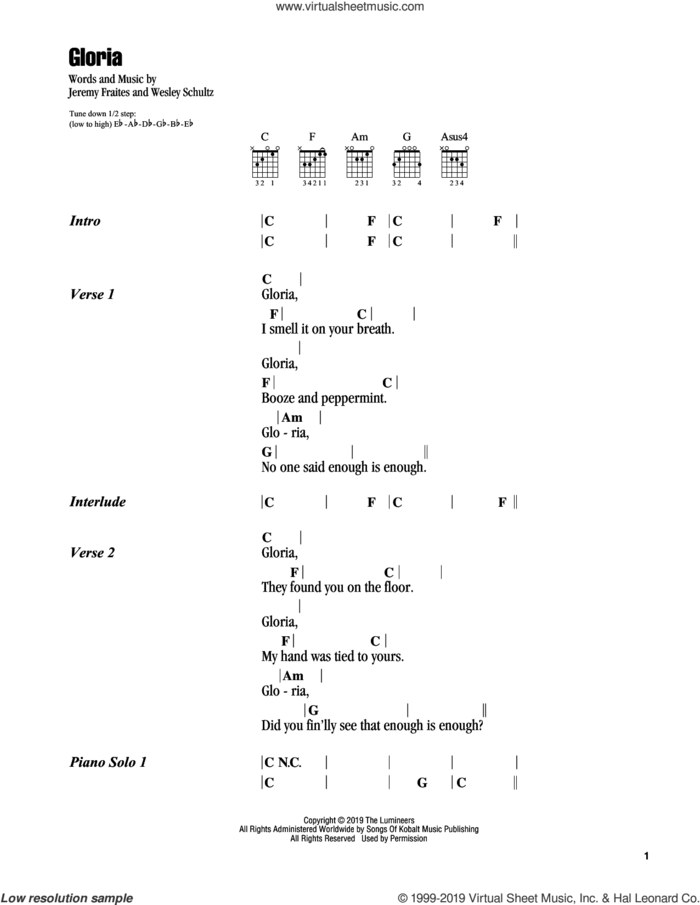 Gloria sheet music for guitar (chords) by The Lumineers, Jeremy Fraites and Wesley Schultz, intermediate skill level