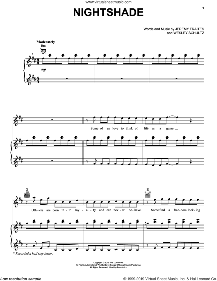 Nightshade (from For the Throne: Music Inspired by Game of Thrones) sheet music for voice, piano or guitar by The Lumineers, Jeremy Fraites and Wesley Schultz, intermediate skill level