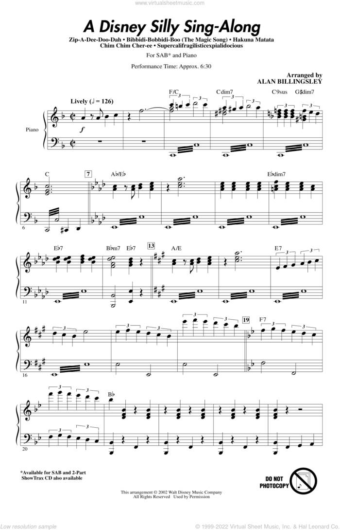 A Disney Silly Sing-Along sheet music for choir (SAB: soprano, alto, bass) by Al Hoffman, Alan Billingsley, Jerry Livingston and Mack David, intermediate skill level