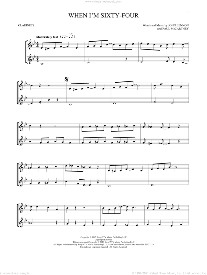 When I'm Sixty-Four sheet music for two clarinets (duets) by The Beatles, John Lennon and Paul McCartney, intermediate skill level