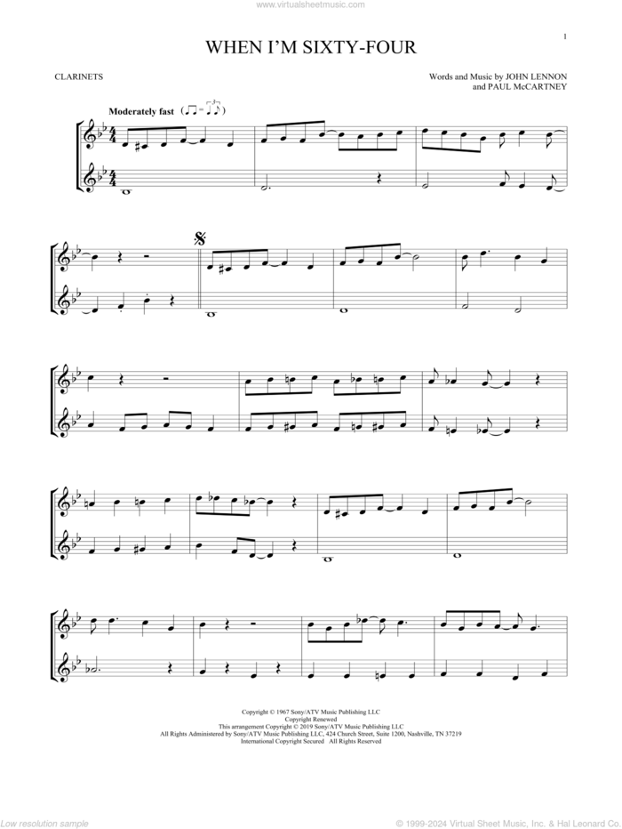 When I'm Sixty-Four sheet music for two clarinets (duets) by The Beatles, John Lennon and Paul McCartney, intermediate skill level