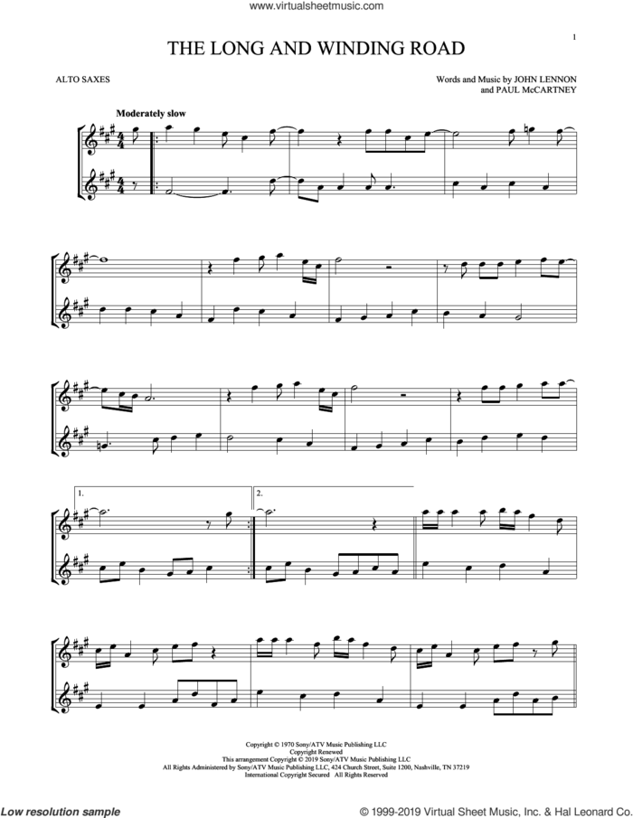The Long And Winding Road sheet music for two alto saxophones (duets) by The Beatles, John Lennon and Paul McCartney, intermediate skill level