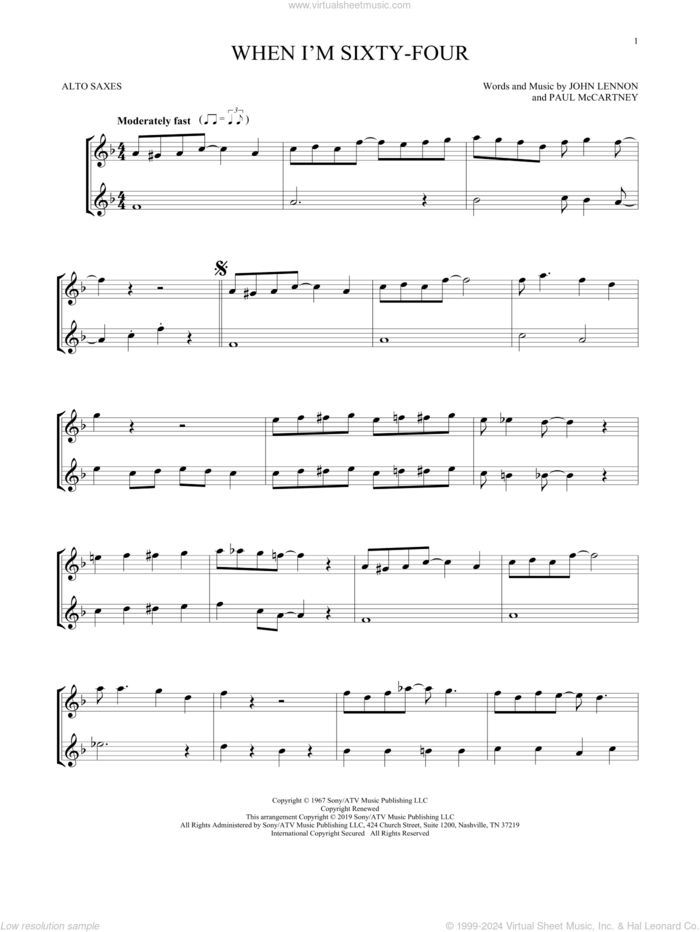 When I'm Sixty-Four sheet music for two alto saxophones (duets) by The Beatles, John Lennon and Paul McCartney, intermediate skill level