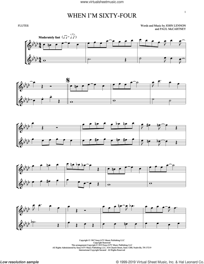 When I'm Sixty-Four sheet music for two flutes (duets) by The Beatles, John Lennon and Paul McCartney, intermediate skill level