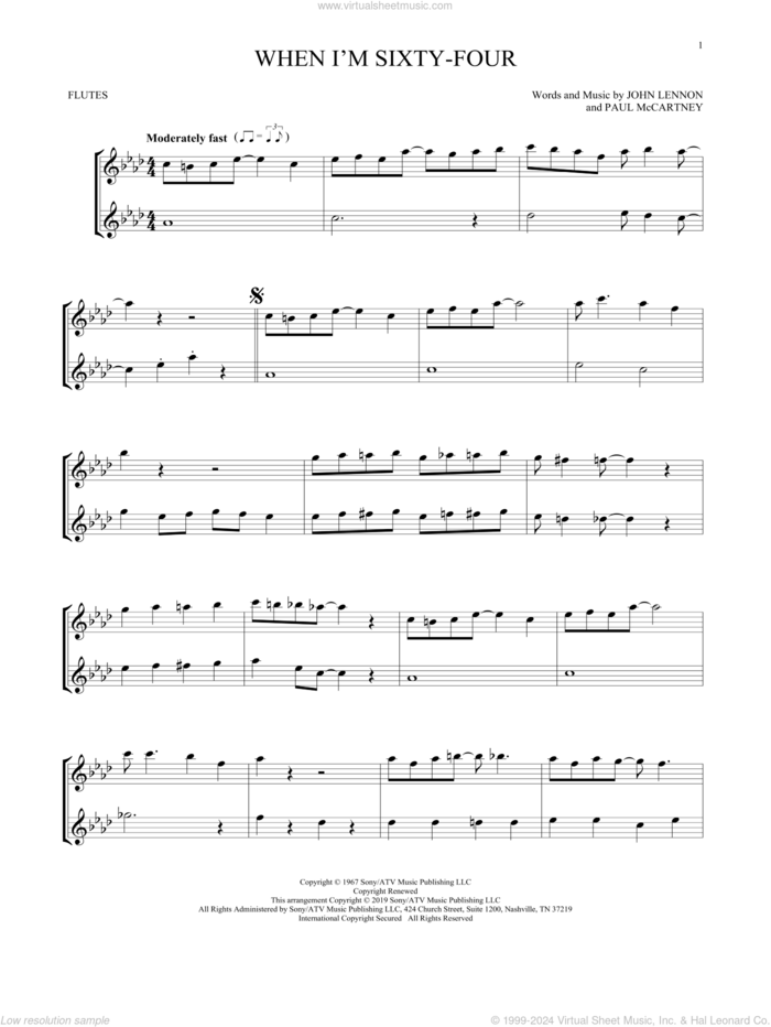 When I'm Sixty-Four sheet music for two flutes (duets) by The Beatles, John Lennon and Paul McCartney, intermediate skill level