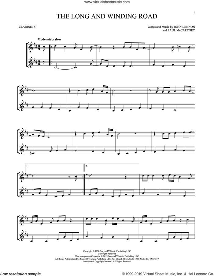 The Long And Winding Road sheet music for two clarinets (duets) by The Beatles, John Lennon and Paul McCartney, intermediate skill level