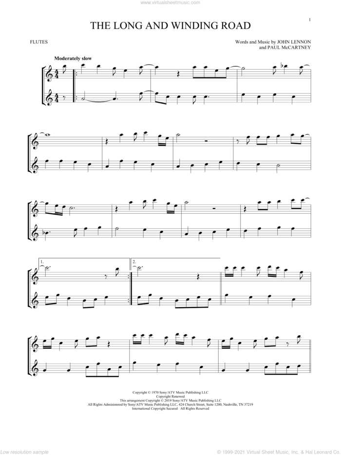 The Long And Winding Road sheet music for two flutes (duets) by The Beatles, John Lennon and Paul McCartney, intermediate skill level