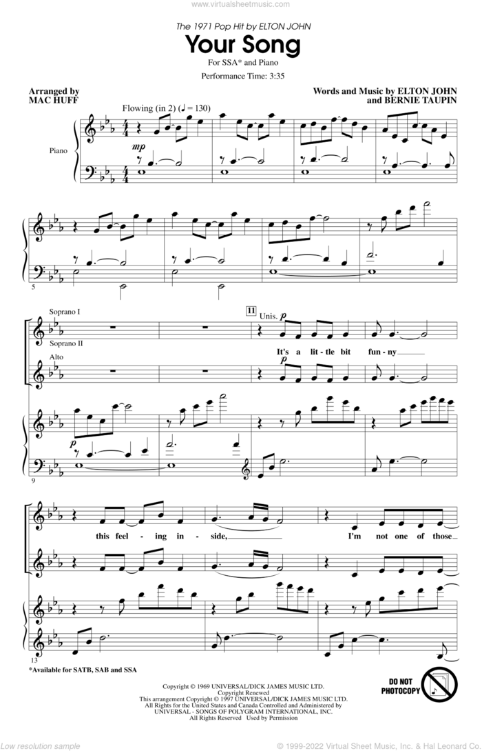 Your Song (arr. Mac Huff) sheet music for choir (SSA: soprano, alto) by Elton John, Mac Huff, Rod Stewart, Elton John and Bernie Taupin and Bernie Taupin, intermediate skill level