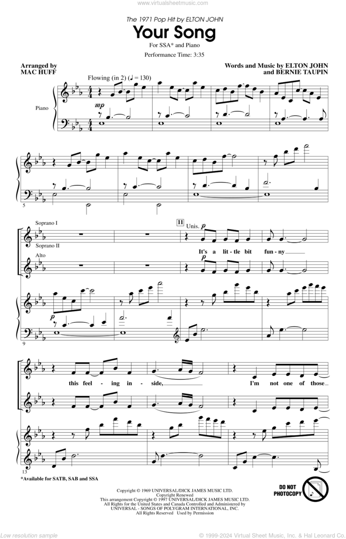 Your Song (arr. Mac Huff) sheet music for choir (SSA: soprano, alto) by Elton John, Mac Huff, Rod Stewart, Elton John and Bernie Taupin and Bernie Taupin, intermediate skill level