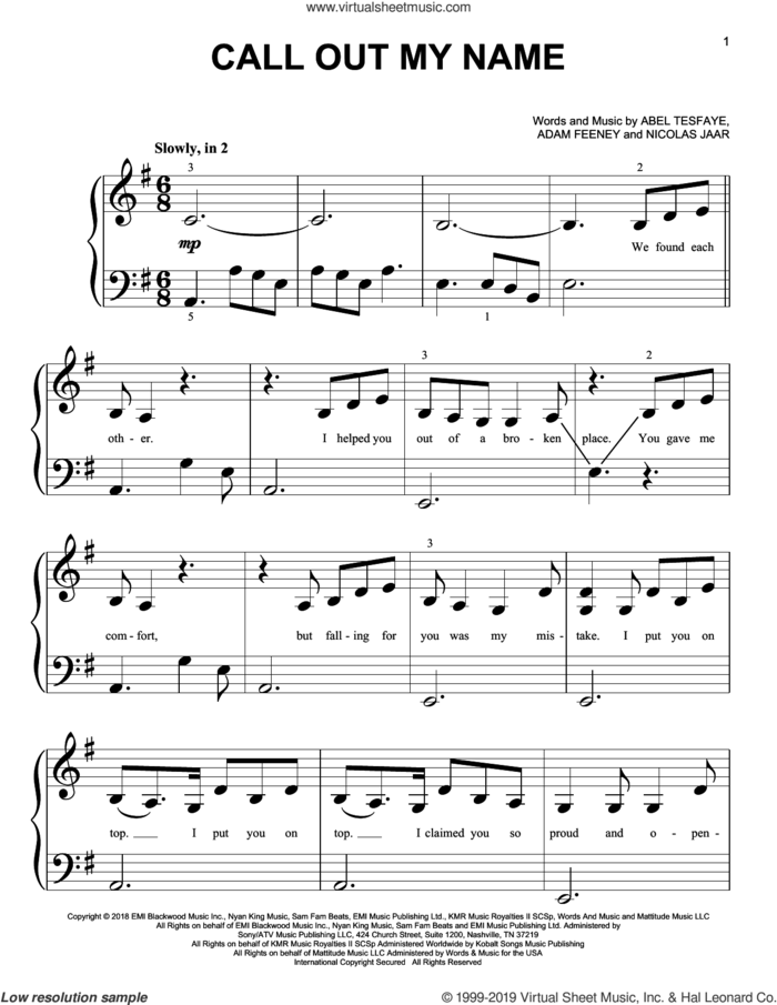 Call Out My Name sheet music for piano solo (big note book) by The Weeknd, Abel Tesfaye, Adam Feeney and Nicolas Jaar, easy piano (big note book)