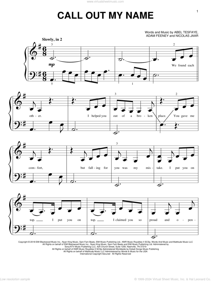 Call Out My Name sheet music for piano solo (big note book) by The Weeknd, Abel Tesfaye, Adam Feeney and Nicolas Jaar, easy piano (big note book)