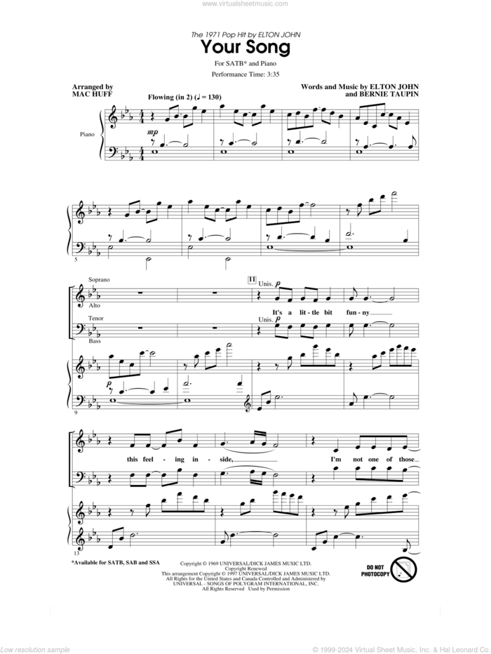 Your Song (arr. Mac Huff) sheet music for choir (SATB: soprano, alto, tenor, bass) by Elton John, Mac Huff, Rod Stewart, Elton John and Bernie Taupin and Bernie Taupin, intermediate skill level