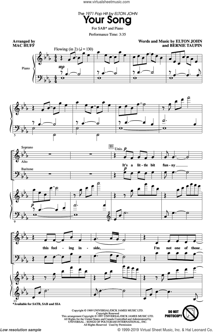 Your Song (arr. Mac Huff) sheet music for choir (SAB: soprano, alto, bass) by Elton John, Mac Huff, Rod Stewart, Elton John and Bernie Taupin and Bernie Taupin, intermediate skill level