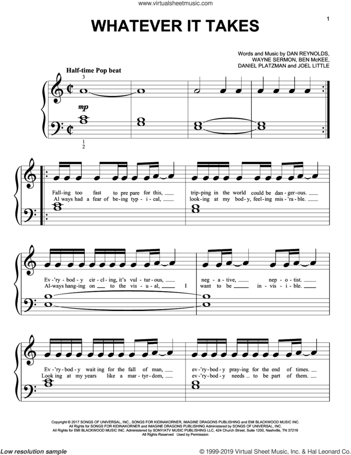 Whatever It Takes sheet music for piano solo (big note book) by Imagine Dragons, Ben McKee, Dan Reynolds, Daniel Platzman, Joel Little and Wayne Sermon, easy piano (big note book)