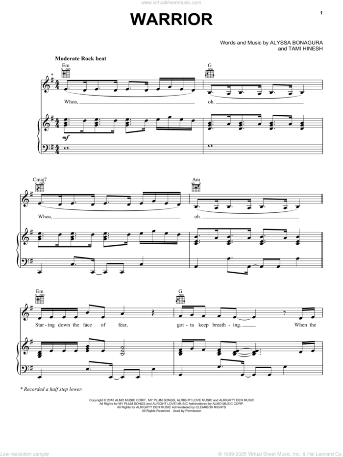 Warrior sheet music for voice, piano or guitar by Hannah Kerr, Alyssa Bonagura and Tami Hinesh, intermediate skill level