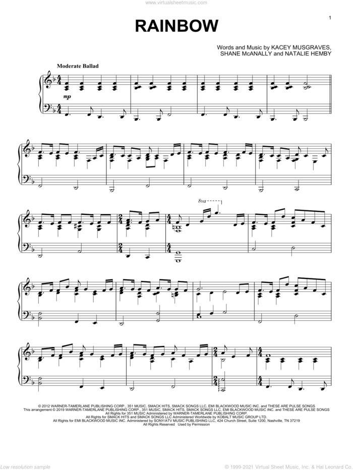 Rainbow, (intermediate) sheet music for piano solo by Kacey Musgraves, Natalie Hemby and Shane McAnally, intermediate skill level