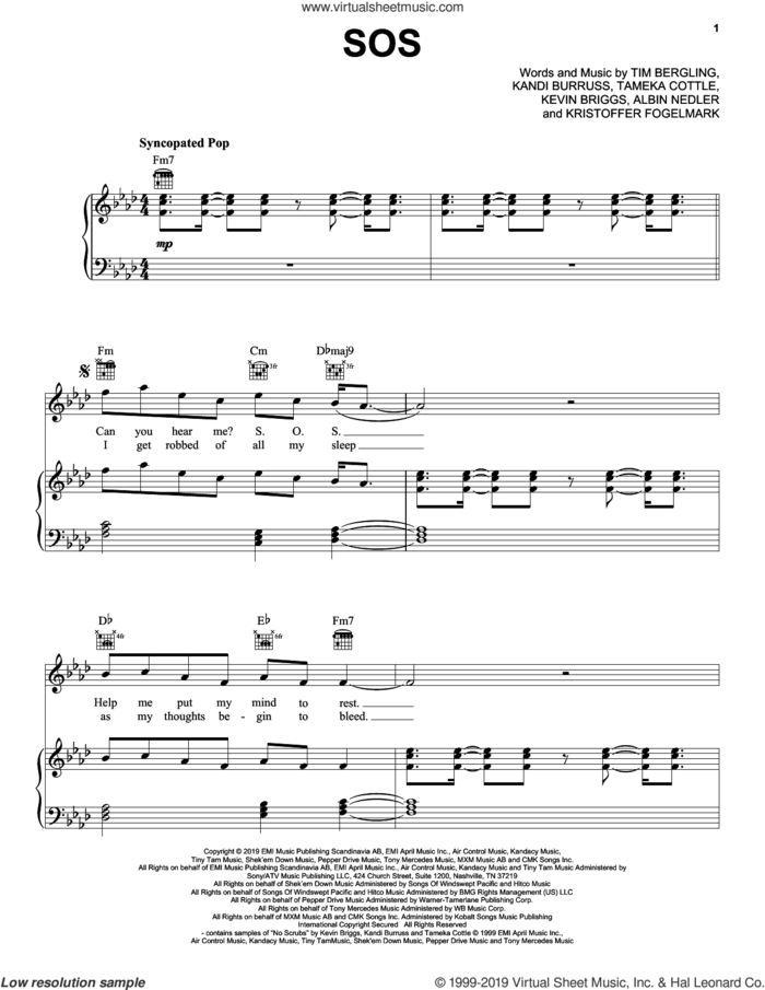 SOS (feat. Aloe Blacc) sheet music for voice, piano or guitar by Avicii, Albin Nedler, Kandi Burruss, Kevin Briggs, Kristoffer Fogelmark, Tameka Cottle and Tim Bergling, intermediate skill level