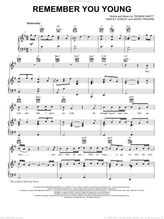 Remember You Young sheet music for voice, piano or guitar by Thomas Rhett, Ashley Gorley and Jesse Frasure, intermediate skill level