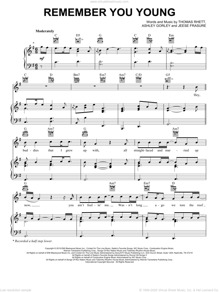 Remember You Young sheet music for voice, piano or guitar by Thomas Rhett, Ashley Gorley and Jesse Frasure, intermediate skill level