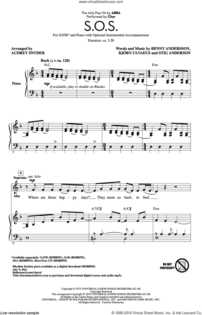 S.O.S. (arr. Audrey Snyder) sheet music for choir (SATB: soprano, alto, tenor, bass) by ABBA, Audrey Snyder, Cher, Benny Andersson, Bjorn Ulvaeus and Stig Anderson, intermediate skill level