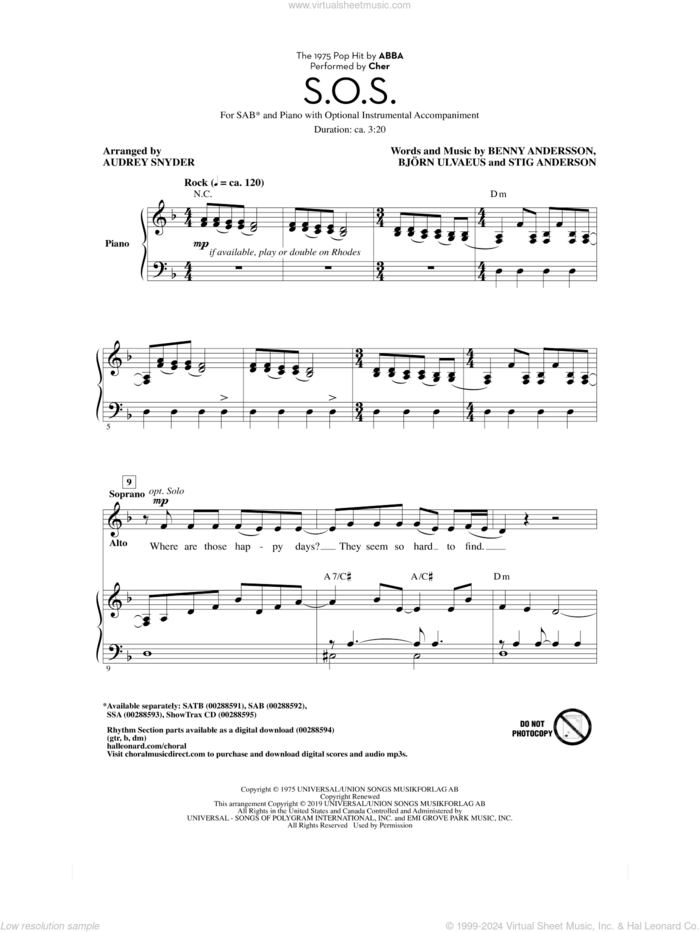 S.O.S. (arr. Audrey Snyder) sheet music for choir (SAB: soprano, alto, bass) by ABBA, Audrey Snyder, Cher, Benny Andersson, Bjorn Ulvaeus and Stig Anderson, intermediate skill level